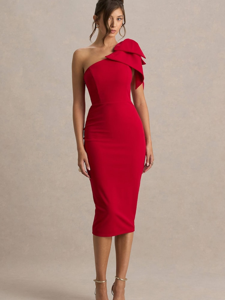 Club L London Red Ambretta | One-Shoulder Midi Dress With Bow - Image 1 of 6
