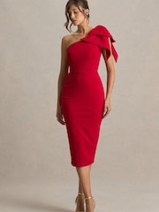 Club L London Red Ambretta | One-Shoulder Midi Dress With Bow - Image 4 of 6