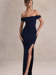 Club L London Blue Law of Attraction Bardot Draped Split Maxi Dress - Image 1 of 4