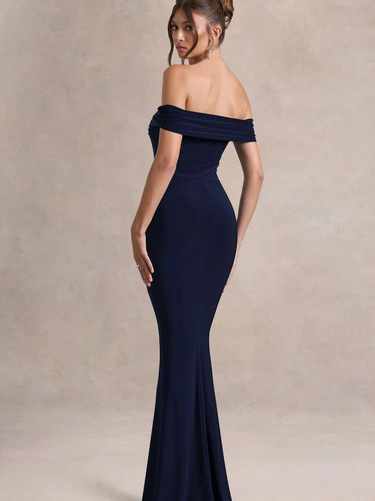 Club L London Blue Law of Attraction Bardot Draped Split Maxi Dress - Image 2 of 4 Club L London Blue Law of Attraction Bardot Draped Split Maxi Dress - Image 2 of 4