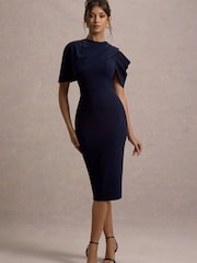Club L London Blue Dorothea | Draped Midi Dress With Cape - Image 1 of 5