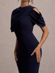 Club L London Blue Dorothea | Draped Midi Dress With Cape - Image 3 of 5