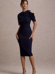 Club L London Blue Dorothea | Draped Midi Dress With Cape - Image 5 of 5