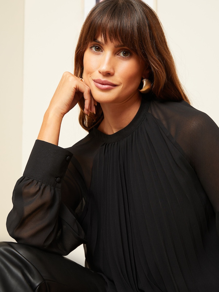 V&A | Love & Roses Black Chiffon Pleated Blouse - Image 2 of 4 V&A | Love & Roses Black Chiffon Pleated Blouse - Image 2 of 4