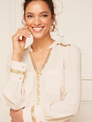 Love & Roses Beige and Gold Sequin Trim V Neck Blouse - Image 1 of 4