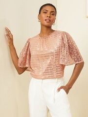 Love & Roses Rose Gold Jersey Flutter Sleeve Tie Bow Back Top - Image 1 of 4