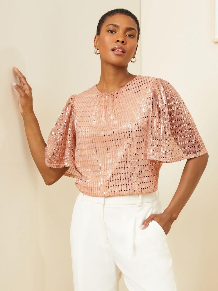 Love & Roses Rose Gold Jersey Flutter Sleeve Tie Bow Back Top - Image 1 of 4