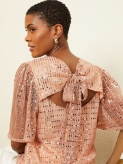 Love & Roses Rose Gold Jersey Flutter Sleeve Tie Bow Back Top - Image 2 of 4