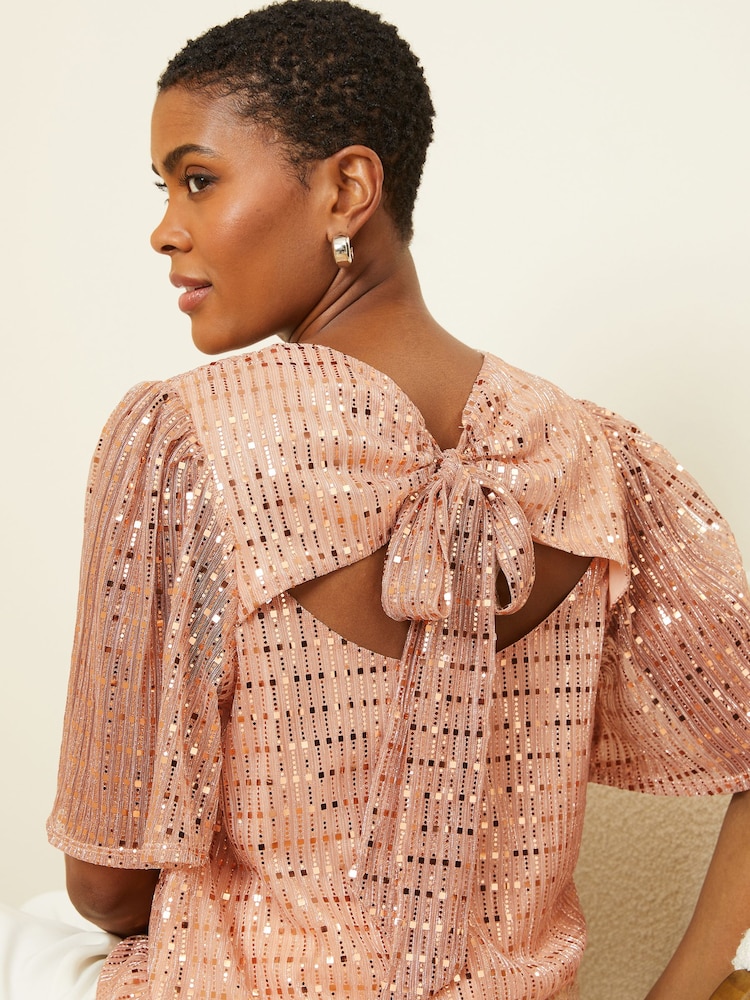 Love & Roses Rose Gold Jersey Flutter Sleeve Tie Bow Back Top - Image 2 of 4