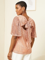 Love & Roses Rose Gold Jersey Flutter Sleeve Tie Bow Back Top - Image 4 of 4