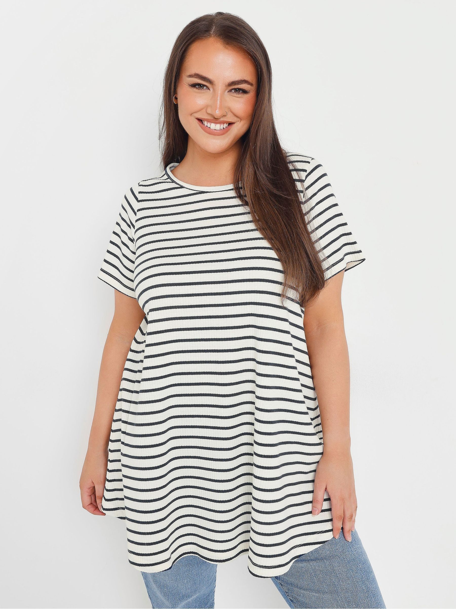 Yours Curve Women's White Stripe Ribbed Swing Top