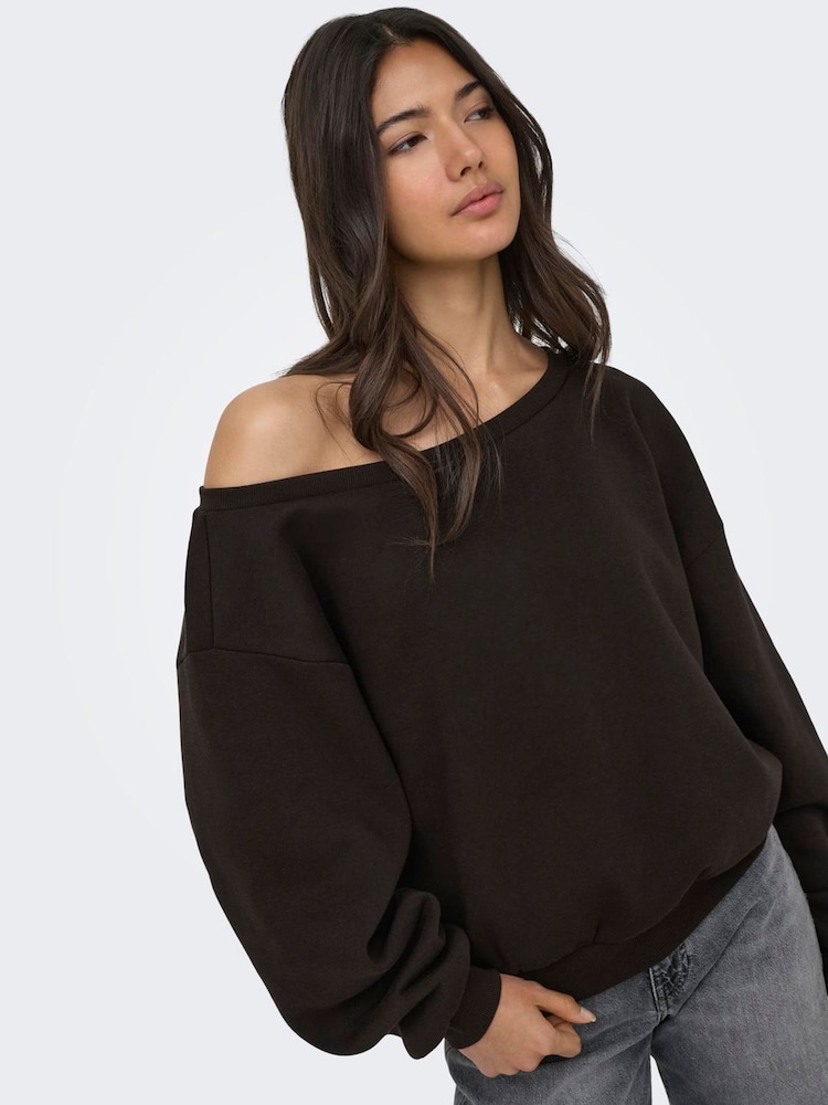 ONLY Dark Brown Off Shoulder Long Sleeve Sweatshirt - Image 1 of 6