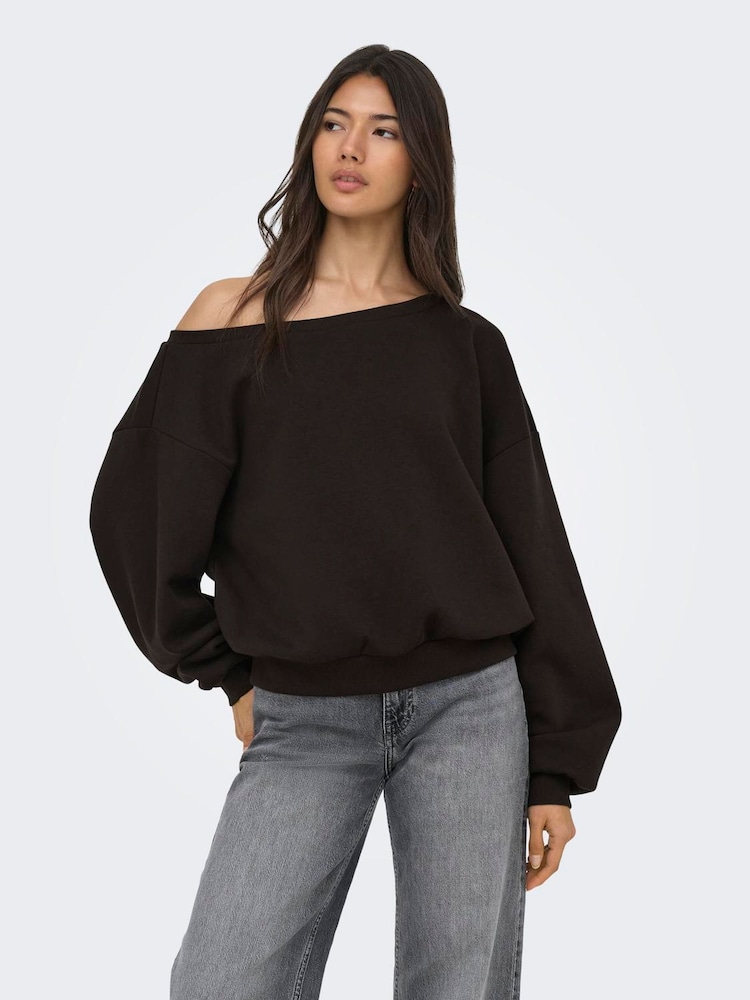 ONLY Dark Brown Off Shoulder Long Sleeve Sweatshirt - Image 2 of 6