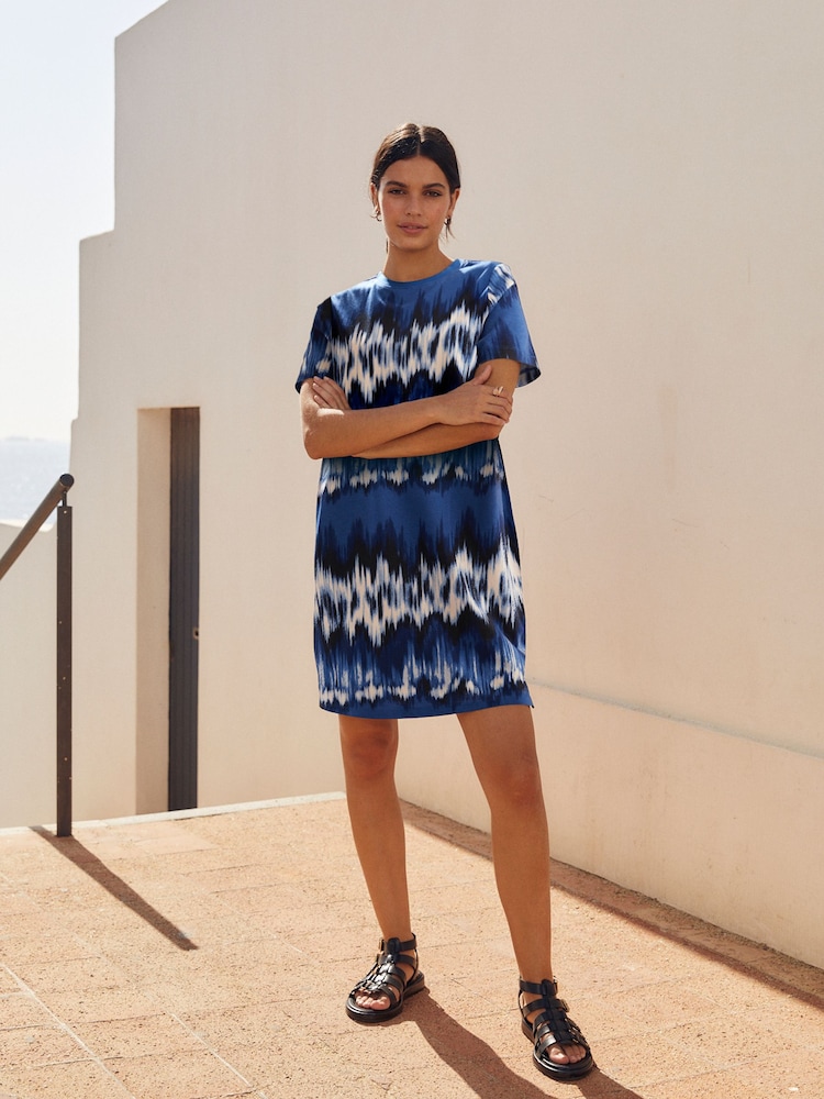 Blue Print 100% Cotton Crew Neck Short Sleeve T-Shirt Dress - Image 1 of 4
