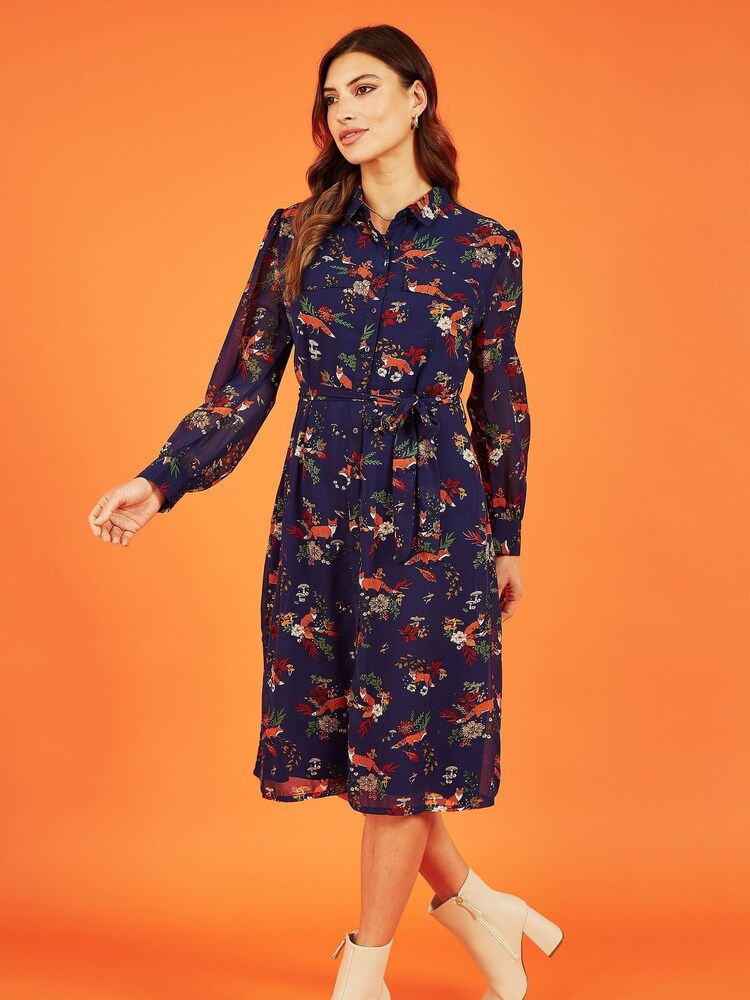 Yumi Blue Fox Print Shirt Midi Dress - Image 3 of 5