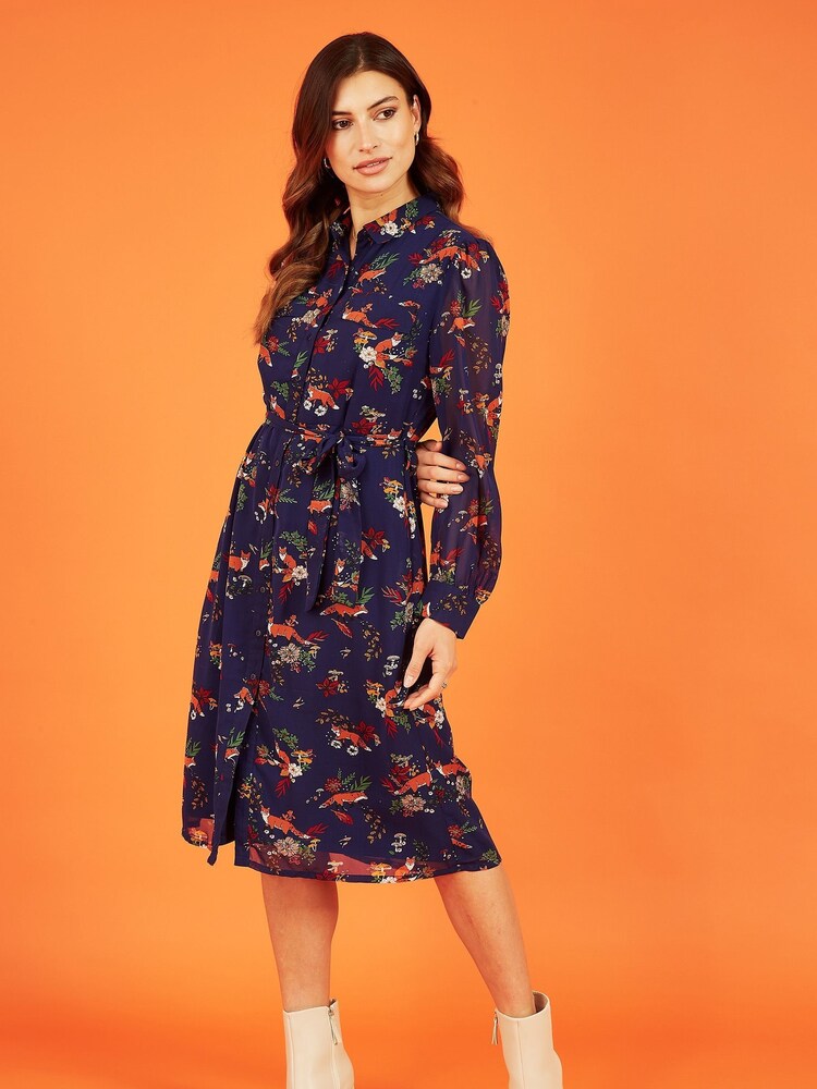 Yumi Blue Fox Print Shirt Midi Dress - Image 4 of 5