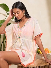 Love & Roses White Coral Pink Trim Detail Cover Up Kaftan - Image 1 of 4
