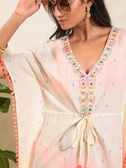 Love & Roses White Coral Pink Trim Detail Cover Up Kaftan - Image 2 of 4