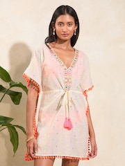 Love & Roses White Coral Pink Trim Detail Cover Up Kaftan - Image 4 of 4
