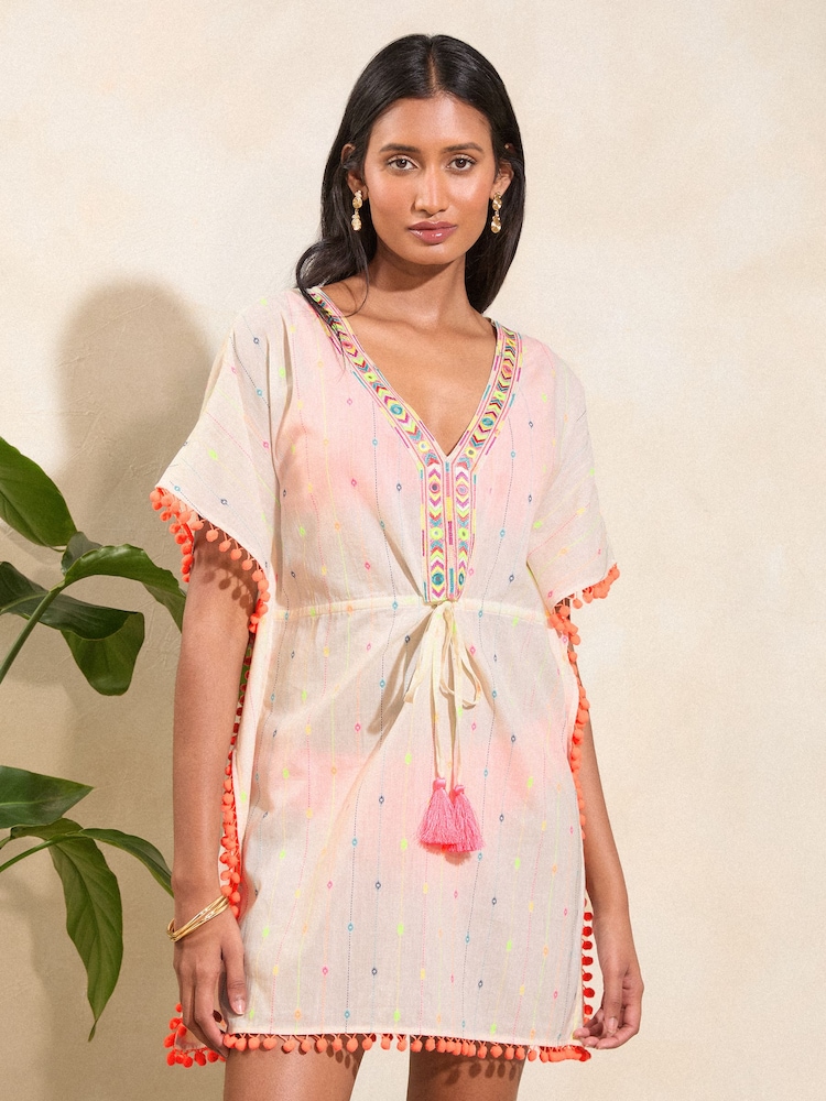 Love & Roses White Coral Pink Trim Detail Cover Up Kaftan - Image 4 of 4