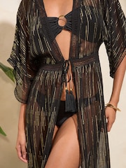 Love & Roses Black Metallic Trim Detail Kimono - Image 4 of 4