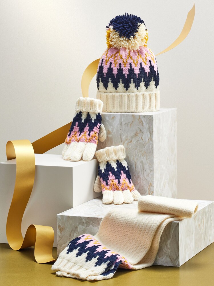 White/Pink/Navy Fairisle Hats and Scarf Set (3-16yrs) - Image 1 of 3