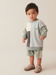 Mineral Blue/Mint Green Oversized Colourblock 100% Cotton Sweatshirt and Shorts Set (3mths-7yrs) - Image 1 of 7