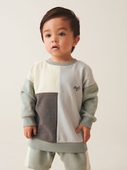 Mineral Blue/Mint Green Oversized Colourblock 100% Cotton Sweatshirt and Shorts Set (3mths-7yrs) - Image 2 of 7