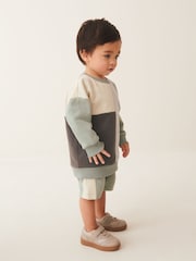Mineral Blue/Mint Green Oversized Colourblock 100% Cotton Sweatshirt and Shorts Set (3mths-7yrs) - Image 4 of 7