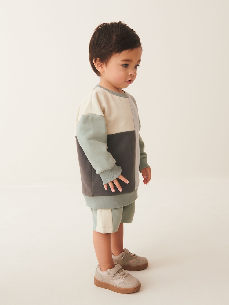 Mineral Blue/Mint Green Oversized Colourblock 100% Cotton Sweatshirt and Shorts Set (3mths-7yrs) - Image 4 of 7
