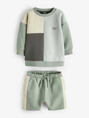 Mineral Blue/Mint Green Oversized Colourblock 100% Cotton Sweatshirt and Shorts Set (3mths-7yrs) - Image 5 of 7