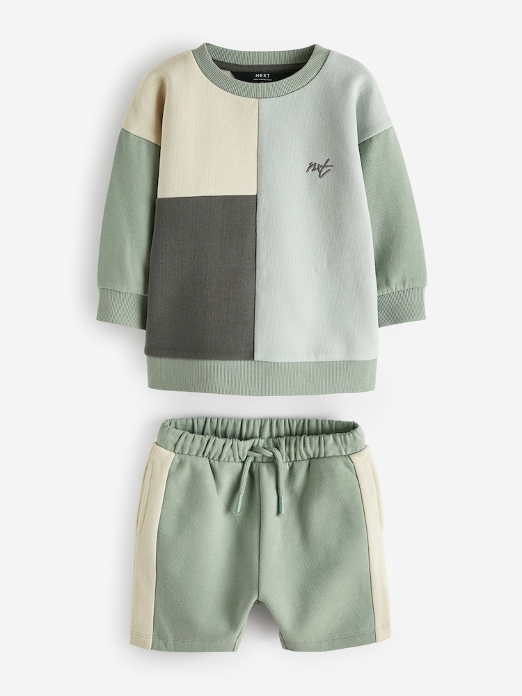 Mineral Blue/Mint Green Oversized Colourblock 100% Cotton Sweatshirt and Shorts Set (3mths-7yrs) - Image 5 of 7