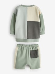 Mineral Blue/Mint Green Oversized Colourblock 100% Cotton Sweatshirt and Shorts Set (3mths-7yrs) - Image 6 of 7