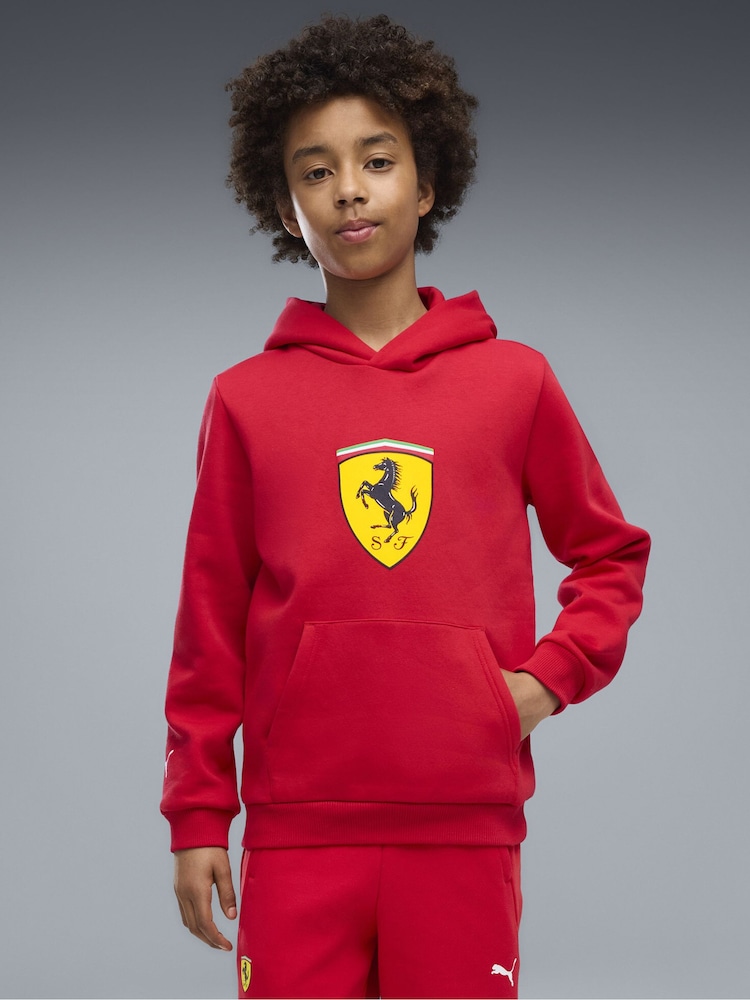 Puma Red Scuderia Ferrari Coloured Shield Fleece Hoodie - Image 1 of 5 Puma Red Scuderia Ferrari Coloured Shield Fleece Hoodie - Image 1 of 5