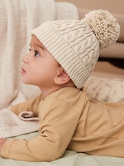 Oatmeal Baby Cable Knitted Hat with Pom Pom (0mths-2yrs) - Image 3 of 3