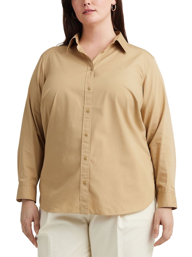 Lauren Ralph Lauren Curve Tan Brown Featherweight Cotton Shirt - Image 1 of 7