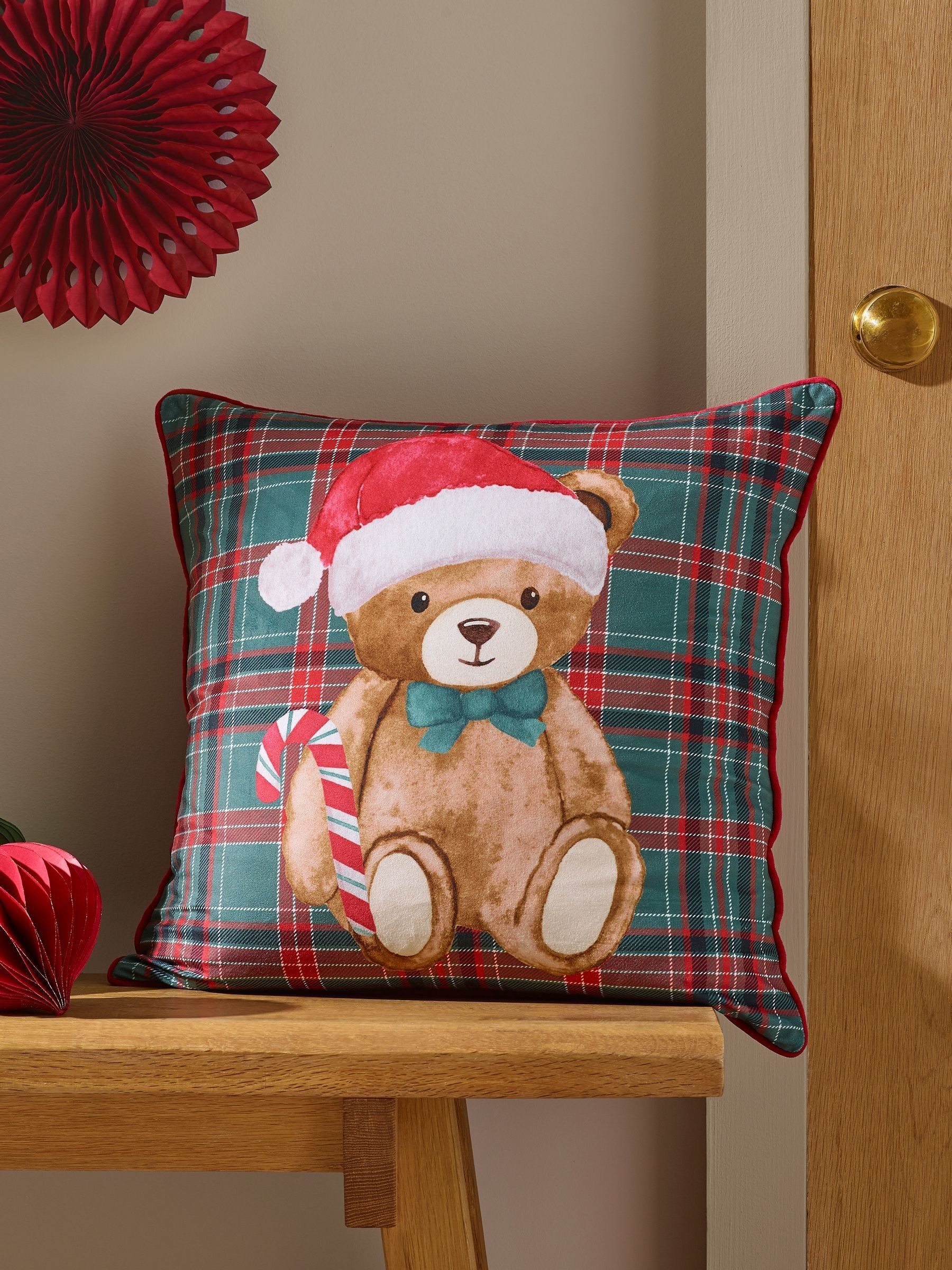 Catherine Lansfield Unisex Green 'Christmas Tartan Teddy Bear' Cushion In | Size: 45 Cm X 45 Cm - Image 8