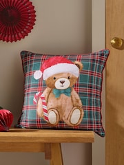 Catherine Lansfield Green Christmas Tartan Teddy Bear Cushion - Image 1 of 2