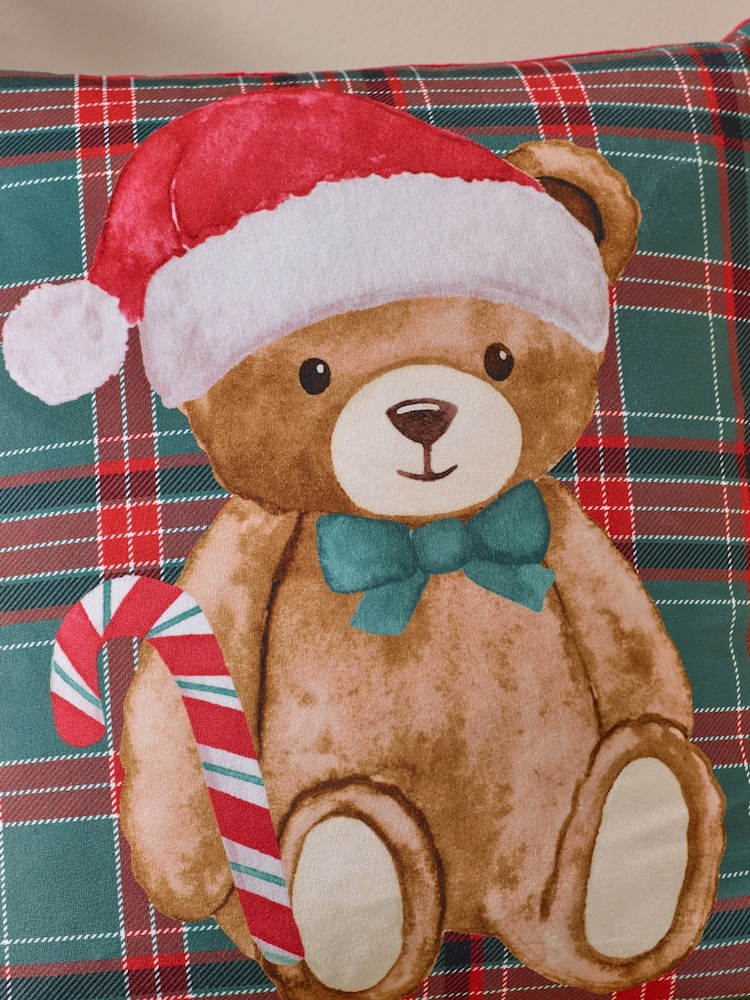 Catherine Lansfield Green Christmas Tartan Teddy Bear Cushion - Image 2 of 2 Catherine Lansfield Green Christmas Tartan Teddy Bear Cushion - Image 2 of 2