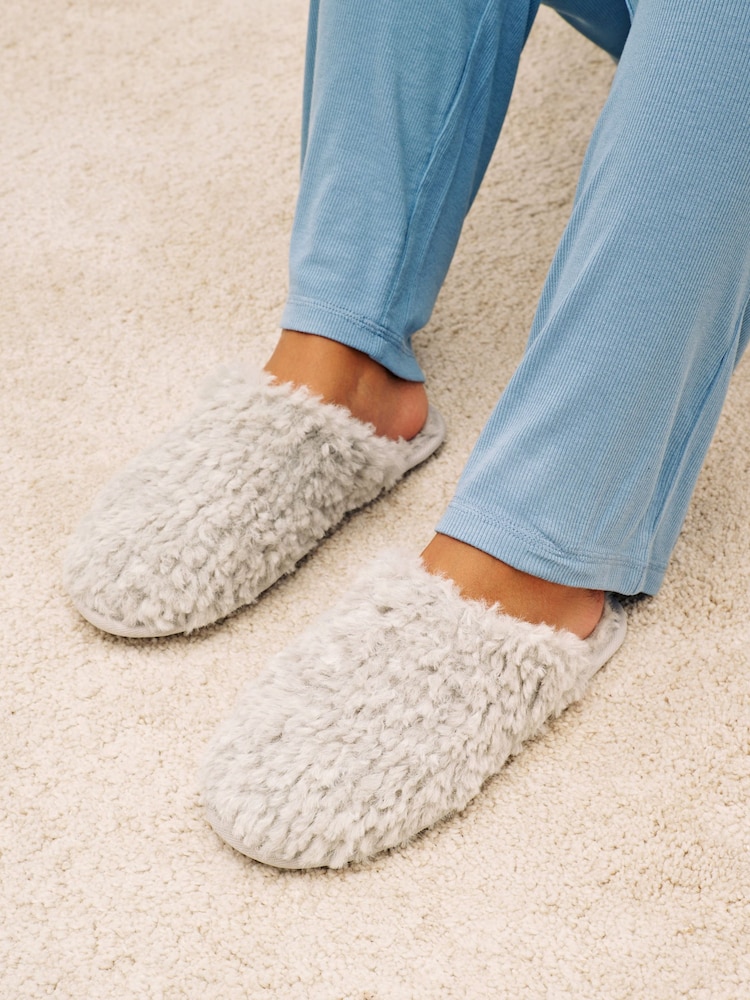 Grey Faux Fur Cosy Mule Slippers - Image 1 of 7 Grey Faux Fur Cosy Mule Slippers - Image 1 of 7