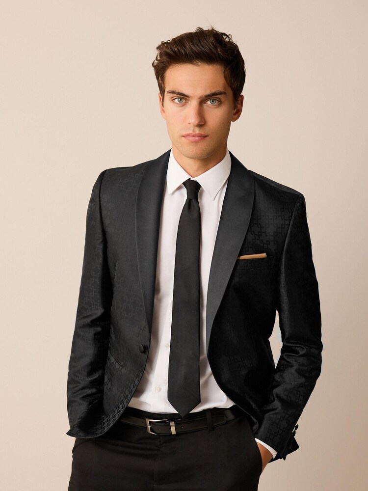 Black Satin Jacquard Tuxedo Jacket - Image 1 of 10