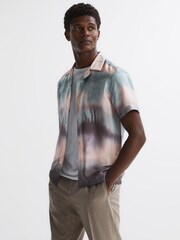 Reiss Blue Multi Riley Printed Cuban Collar Button Through T-Shirt - Image 1 of 4