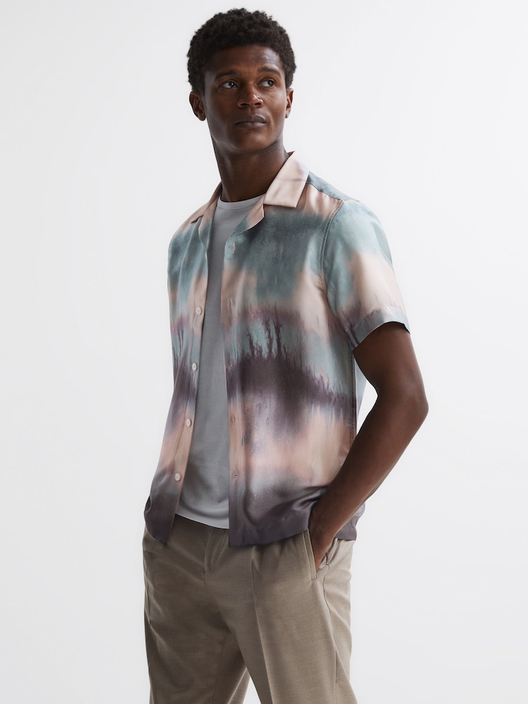 Reiss Blue Multi Riley Printed Cuban Collar Button Through T-Shirt - Image 1 of 4