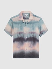 Reiss Blue Multi Riley Printed Cuban Collar Button Through T-Shirt - Image 2 of 4