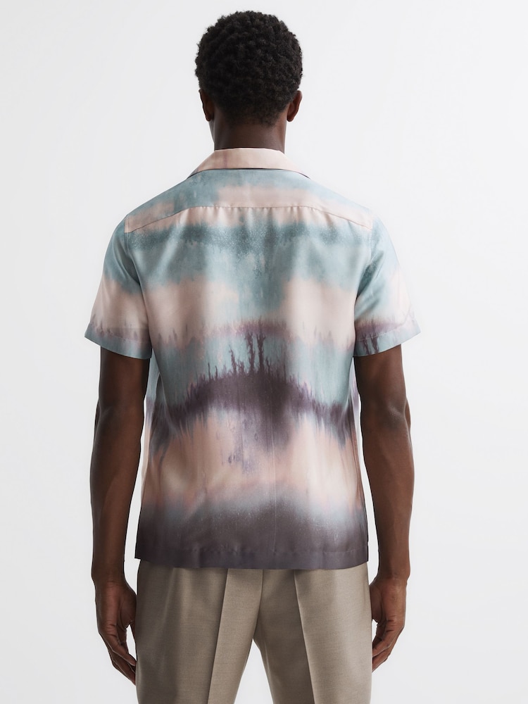 Reiss Blue Multi Riley Printed Cuban Collar Button Through T-Shirt - Image 4 of 4