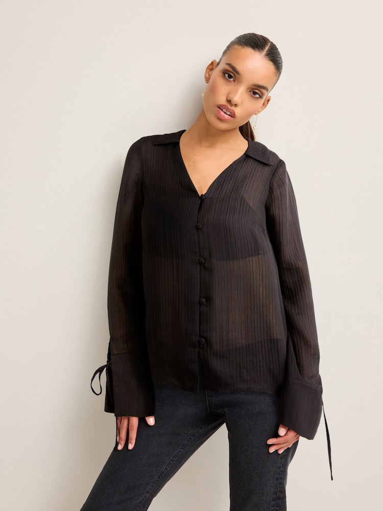 Black Tie Sleeve Textured Collared V-Neck Blouse - Image 1 of 7 Black Tie Sleeve Textured Collared V-Neck Blouse - Image 1 of 7