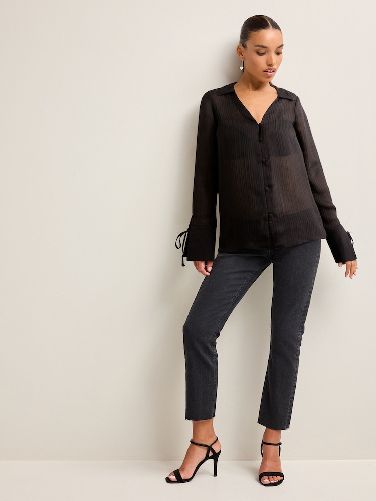 Black Tie Sleeve Textured Collared V-Neck Blouse - Image 2 of 7 Black Tie Sleeve Textured Collared V-Neck Blouse - Image 2 of 7