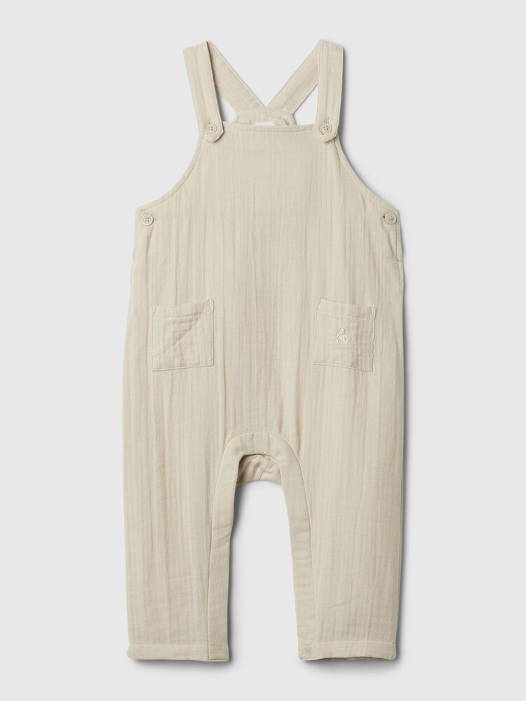 Gap Beige Brannan Bear Crinkle Cotton Square Neck Baby Dungarees (Newborn-24mths) - Image 1 of 2 Gap Beige Brannan Bear Crinkle Cotton Square Neck Baby Dungarees (Newborn-24mths) - Image 1 of 2