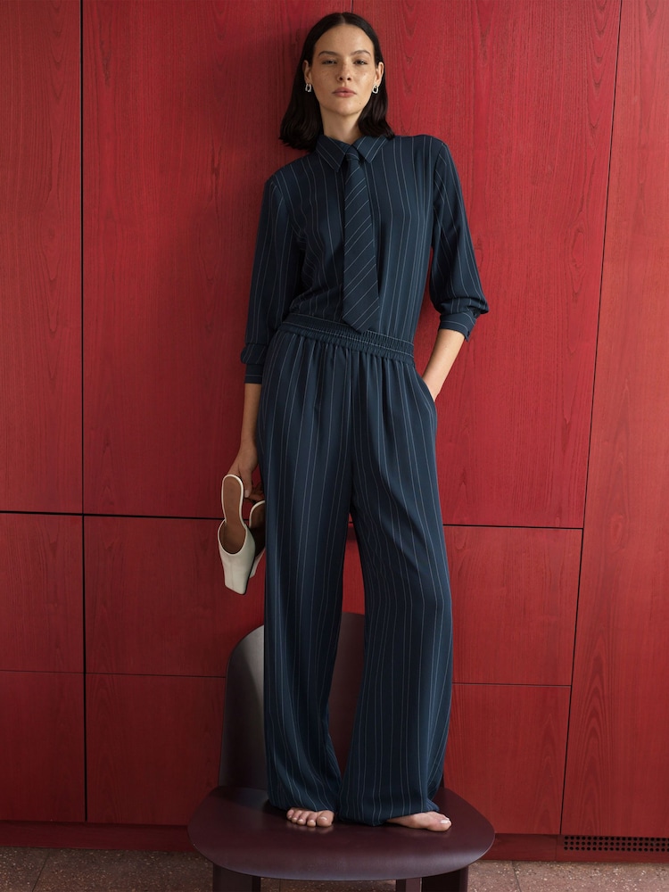 French Connection Blue Erma Pinstripe Wide Leg Trousers - Image 1 of 9 French Connection Blue Erma Pinstripe Wide Leg Trousers - Image 1 of 9