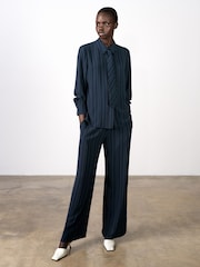 French Connection Blue Erma Pinstripe Wide Leg Trousers - Image 3 of 9